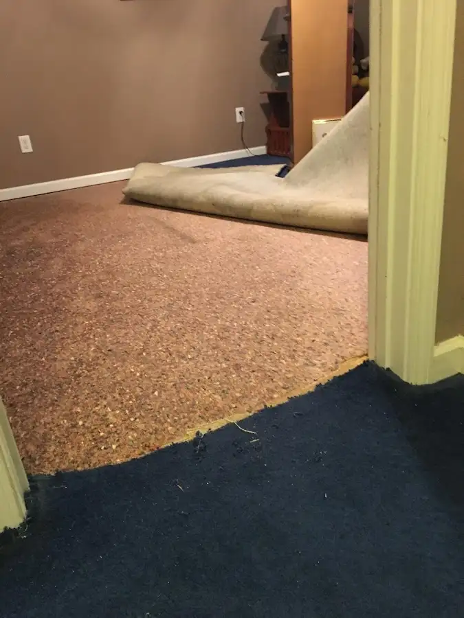 Carpet pad removal revealing water damage during Water Mitigation Services in Groton